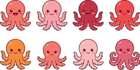 Cute cartoon octopus vector character set featuring happy red pink and orange sea animals with cheerful facial expressions for kids marine life designs © MdMehedi