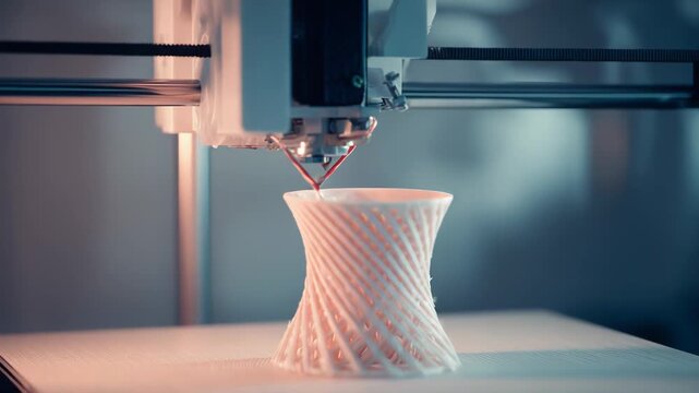 3d printer nozzle extruding material, building a complex white geometric object with additive manufacturing technology, symbolizing engineering, future production, and advanced development