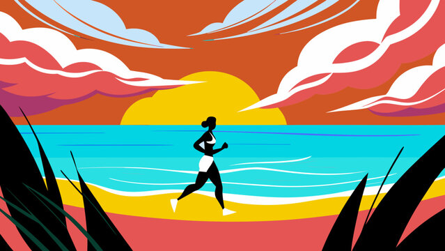 Silhouette illustration of a runner jogging along a beach at sunset, with vibrant colors of the sky and ocean creating a dynamic coastal scene