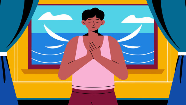 Flat vector illustration of a person practicing yoga breathing exercises indoors, with a window view of the ocean and curtains framing the scene
