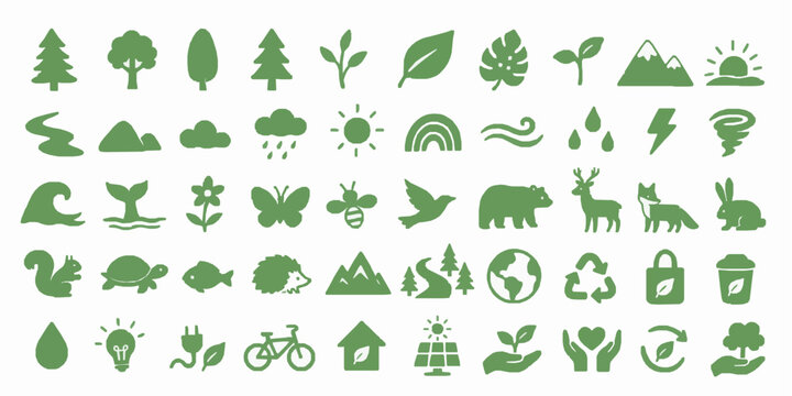 Nature and ecology icon set featuring environment symbols, forest animals, green energy, recycling, trees, leaves, and weather elements in flat hand drawn silhouette style for eco friendly design