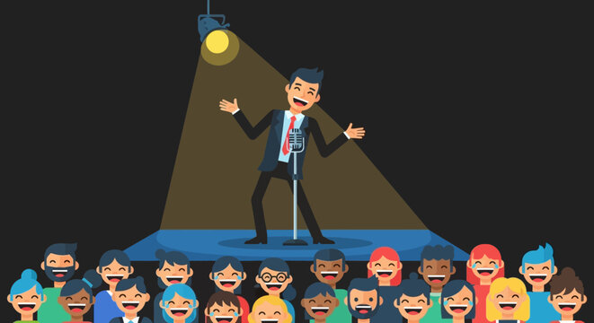Comedian Performing On Stage To Laughing Audience Under Spotlight