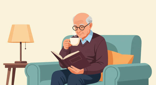 Flat vector illustration of an elderly bald man wearing glasses sitting in a teal armchair reading a book and holding a steaming cup of coffee next to a table lamp in a living room.