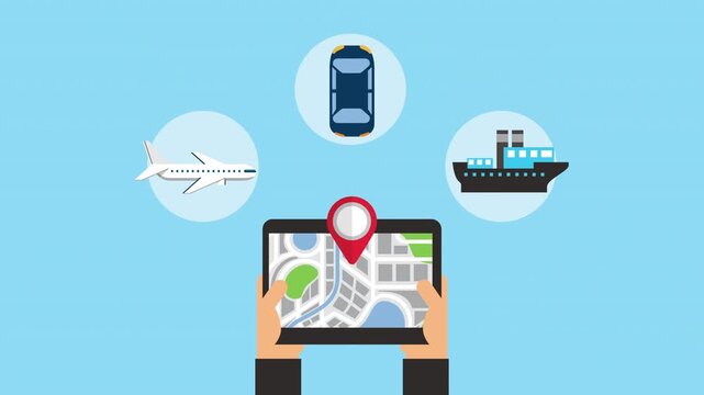 Logistic app animation showing tablet with map and transportation icons for delivery tracking service.