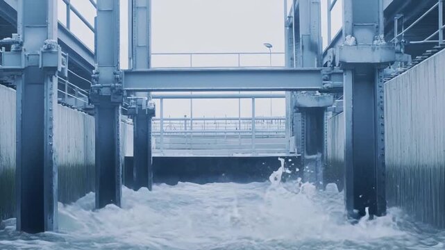 Water bubbling and churning through a sluice gate mechanism at an industrial water management facility, highlighting infrastructure for control and sustainability