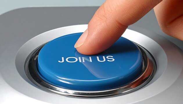 A finger pressing a blue button with 'JOIN US' text