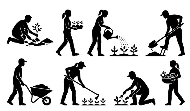 Gardener and farmer planting trees silhouette vector set