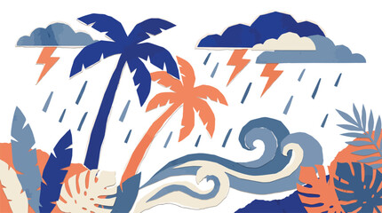 Vector illustration of a tropical storm with palm trees, heavy rain, lightning, and ocean waves under dark clouds. Dynamic graphic for weather themes © Pronob Kumar Ray