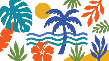 Vibrant tropical summer illustration featuring stylized palm trees, exotic leaves, hibiscus flowers, sun, and ocean waves in a lively, artistic flat design © Pronob Kumar Ray