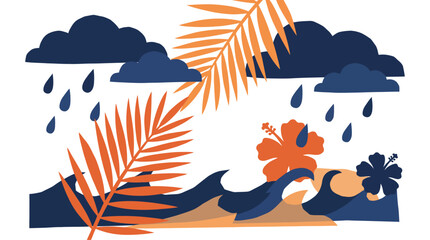 Artistic vector design capturing the essence of a tropical monsoon with rain clouds, ocean waves, and exotic flora like hibiscus and palm fronds © Pronob Kumar Ray