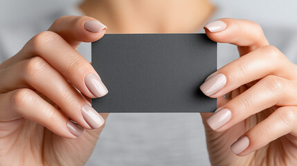 Obraz premium Macro Beauty Two Hands Holding Blank Matte Black Business Card Glossy Natural Nails