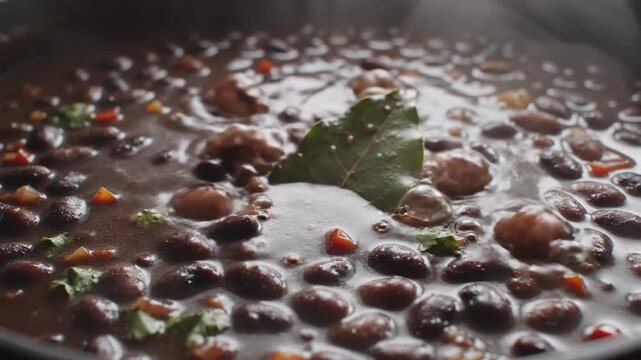 Traditional Brazilian feijoada stew simmering with beans and herbs