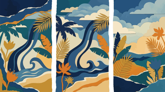 Artistic Vector Landscape Triptych Featuring Abstract Tropical Nature, Serene Ocean Waves, and Palm Trees, Ideal for Modern Digital Design Backgrounds