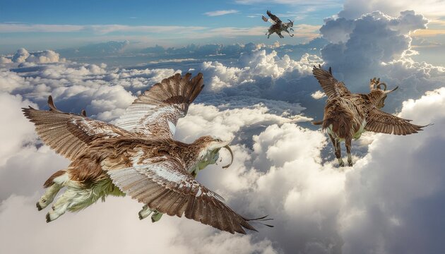 Majestic griffin-like creatures with powerful wings soar gracefully above sunlit clouds, embodying boundless freedom, ancient legends, and a breathtaking journey