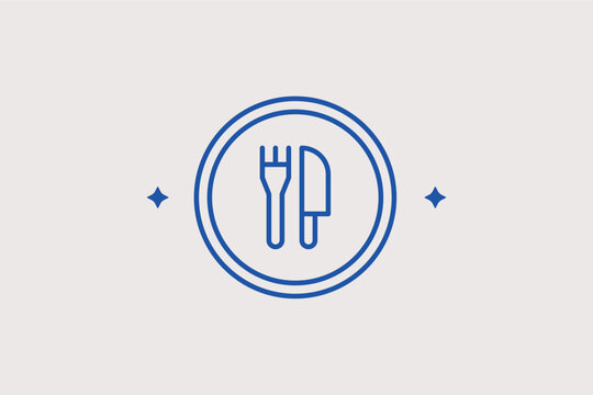 Plate with fork and knife line icon for dining etiquette and meal service. Universal vector illustration for restaurant signage and healthy eating guides.