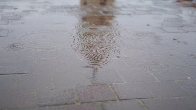 Rain falls on city streets creating ripples in puddles