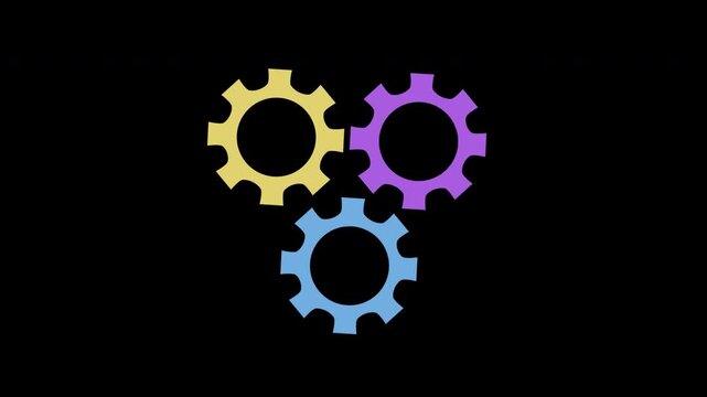 rotating gears symbolizing interconnected systems, teamwork, mechanical processes, productivity, engineering and technology animation with alpha channel.