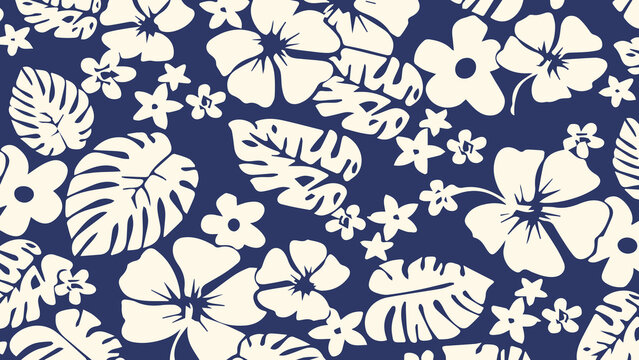 Tropical floral pattern with white flowers and leaves on blue background