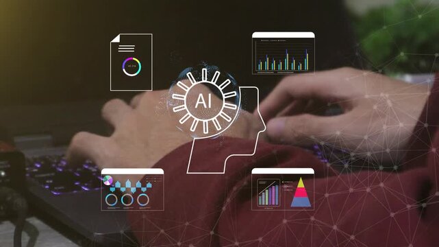 artificial intelligence interface, digital brain icon, data analytics overlay, concept of AI technology, automation and smart communication.