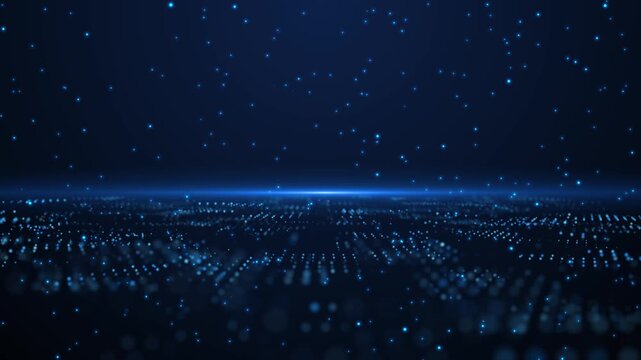 futuristic blue digital landscape with glowing particles and abstract technology and business concept background.