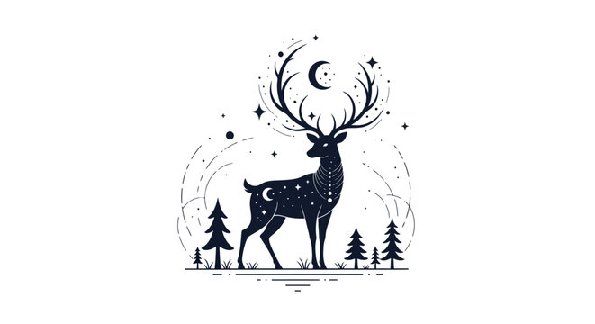 Mystical Deer Silhouette with Moon and Stars in Enchanted Forest