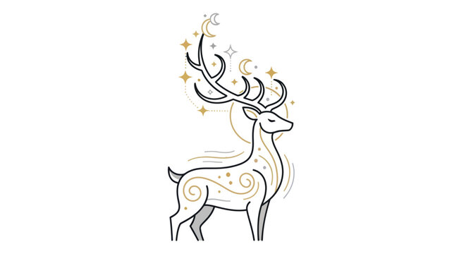 Elegant Celestial Stag with Golden Stars and Crescent Moon Antlers, Mystical Forest Spirit