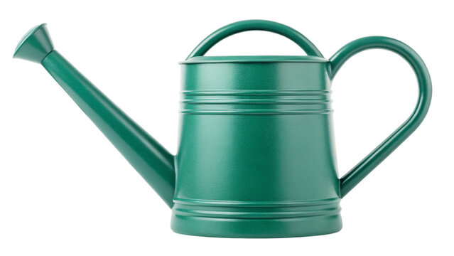 A single green plastic watering can gardening tool with a handle is isolated on a white background for plant care and spring garden equipment