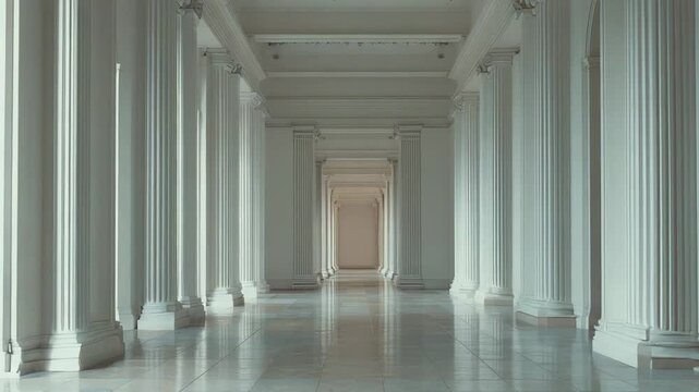 Elegant hallway in a public building featuring a symmetrical arrangement of classical fluted columns, reflecting light on the polished marble floor and leading to a vanishing point