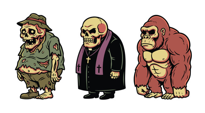 Cartoon zombie characters in diverse costumes and poses