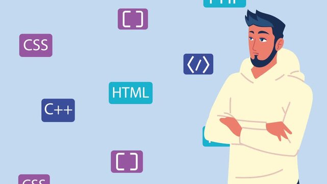 Young man surrounded by dynamic programming language icons, showcasing professional expertise in web development and coding.