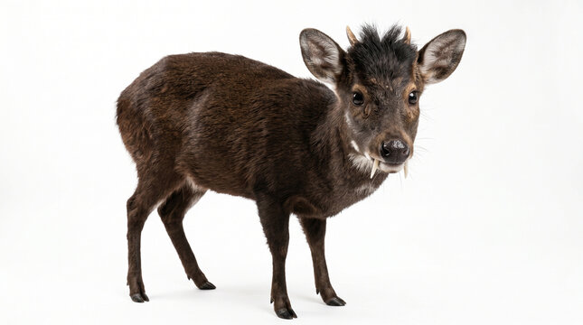 A saola, a rare and endangered species of antelope, standing isolated on white background with large ears and dark brown fur