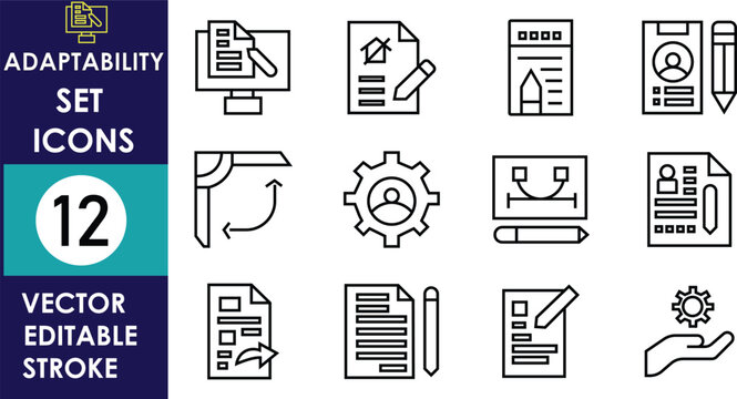 Minimal adaptability themed vector icon set featuring editable stroke symbols for settings, files, tools, communication, and workflow concepts in modern outline design style
