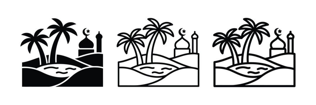 Black and white islamic mosque icon set with palm trees Vector