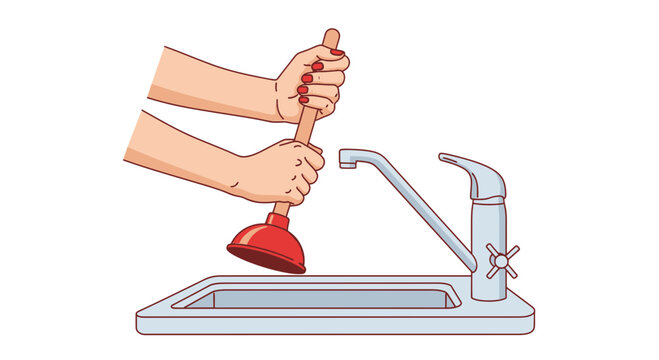 Hands using a plunger to fix a clogged kitchen or bathroom sink