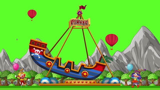 Animated Pirate Ship Carnival Ride Swinging in Front of Mountains