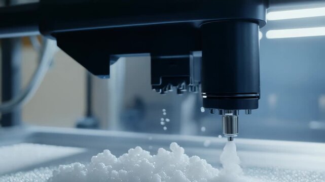 Robotic additive manufacturing machine extruding material pellets or granules layer by layer, forming a new structure with precision and industrial technology