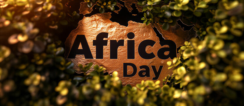 Celebrate africa day with a beautifully designed map surrounded by green foliage and leaves