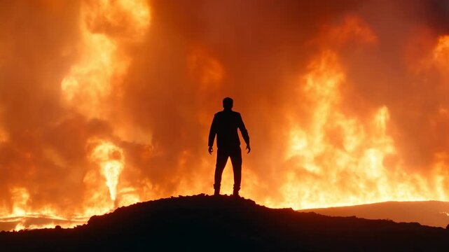Observer Standing Atop Hill Witnessing Fiery Inferno With Smoke And Falling Embers Surrounding Him