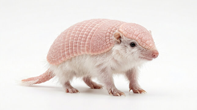 Pink armadillo standing on white background with its shell and fur visible, looking to the right
