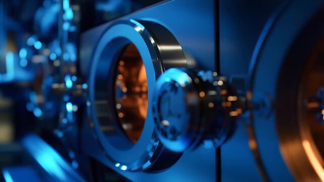 Close up of precision metal components and glowing blue internals of a particle accelerator, showcasing high tech engineering, advanced physics research, and laboratory innovation