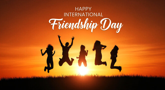 Silhouettes of happy friends jumping at sunset celebrating international friendship day together joyfully