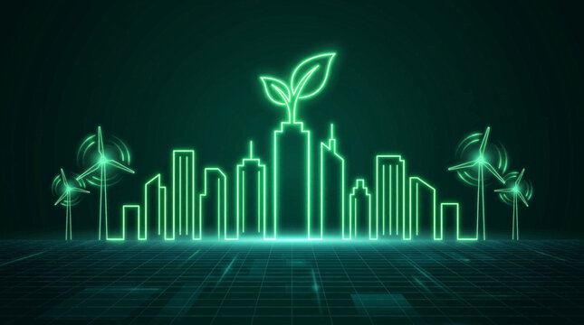 A futuristic cityscape with glowing green lines and wind turbines showcases a sprouting plant symbolizing sustainable urban development at night.