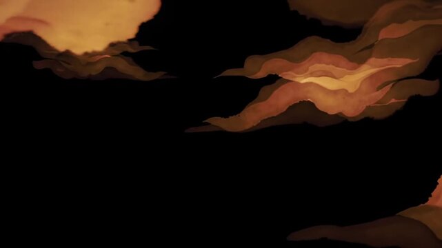 An abstract image of fire clouds swirling in a dark space