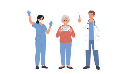 Fototapeta premium Doctor and nurse with patient holding vaccination certificate, medical professionals celebrating immunization success.