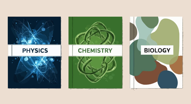 Three educational textbook covers featuring specialized scientific designs for physics chemistry and biology subjects in a modern vector illustration style