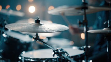 Fototapeta premium Close up of a drummer playing a professional drum kit with warm stage lights in the background