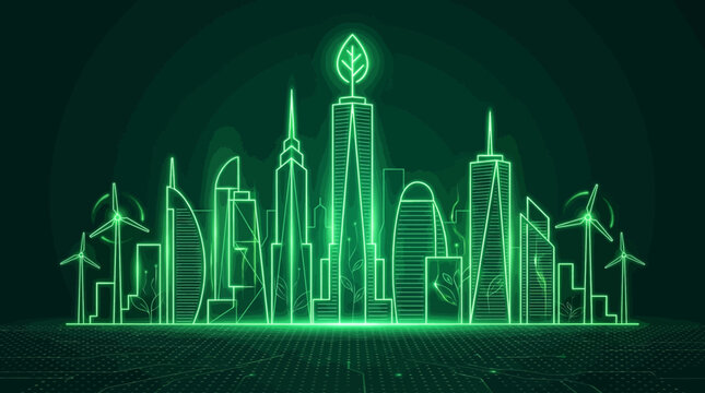 A futuristic cityscape at night with wind turbines and green neon lights illuminating skyscrapers