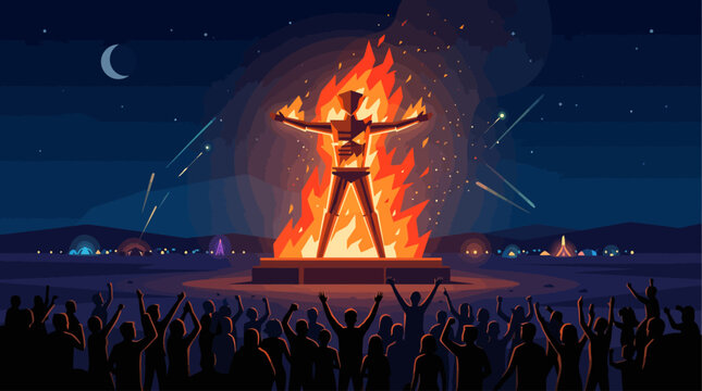 A vibrant flat design illustration capturing the iconic moment of 'The Man' effigy burning against a deep blue night sky, with a silhouetted crowd watching in awe. 