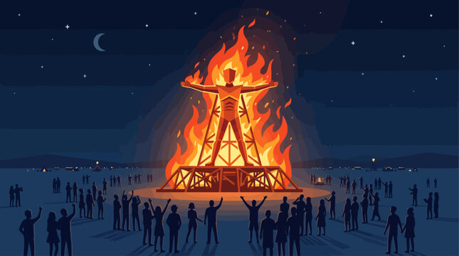 A vibrant flat design illustration capturing the iconic moment of 'The Man' effigy burning against a deep blue night sky, with a silhouetted crowd watching in awe. 
