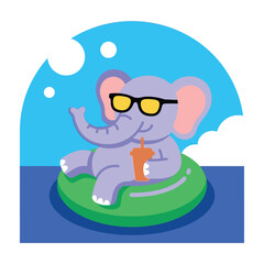 Naklejka premium Elephant on inflatable raft with sunglasses